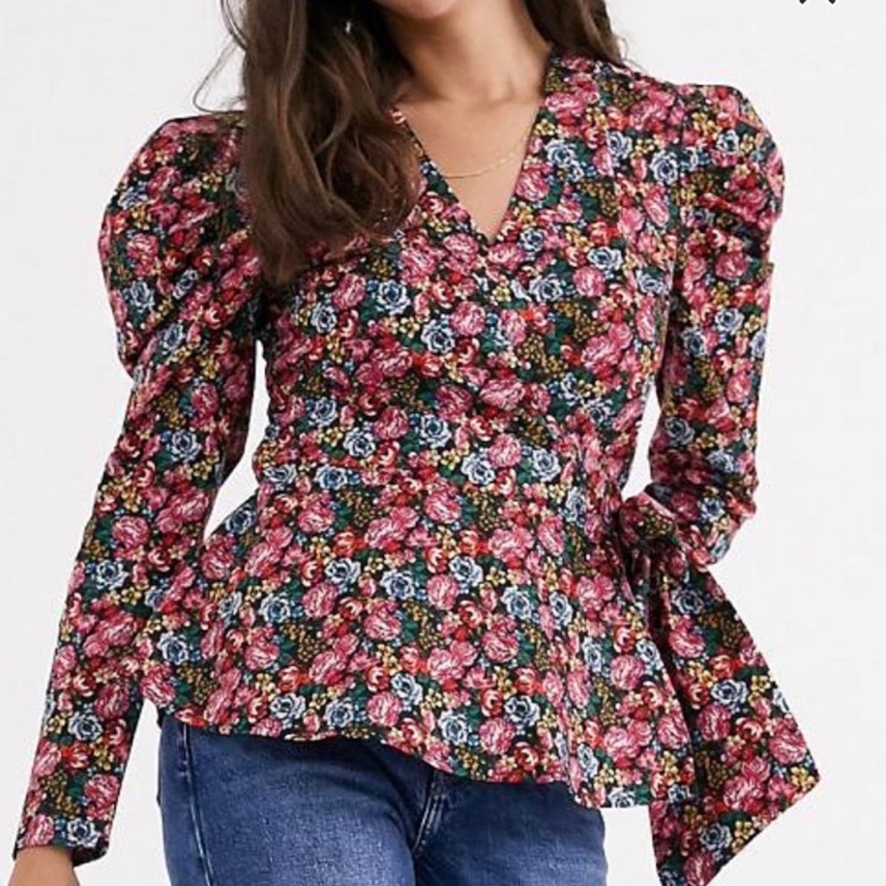 ASOS Multicolor Floral Blouse with Puff Sleeves